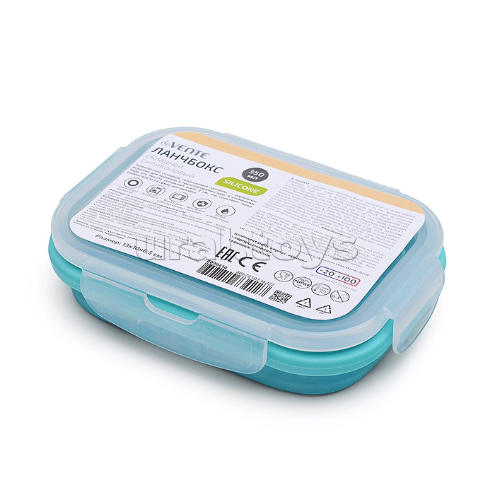 Ланчбокс складной герметичный прямоугольный, 350 мл, 13x9,5x6,5 см, в сложенном виде высота 3 см, силиконовый, с пластиковой крышкой, с отверстием вентиляции и силиконовой заглушкой, мятный