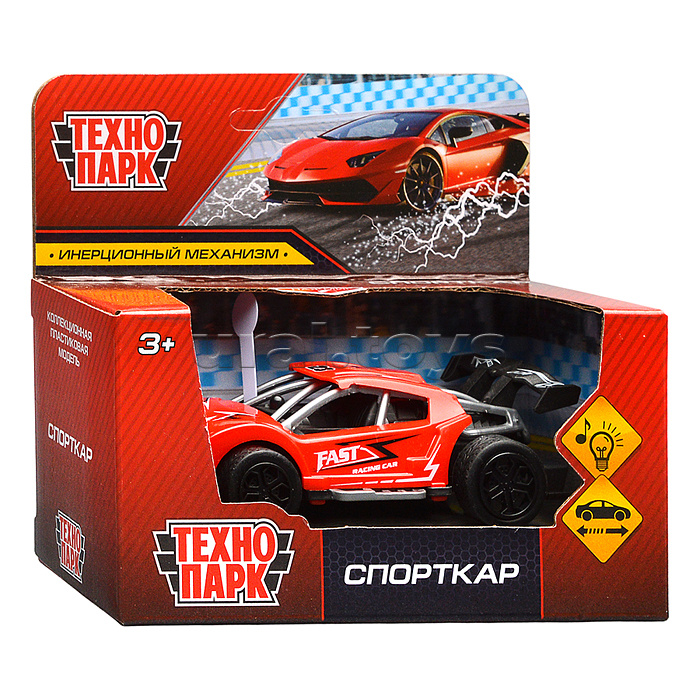 Машина пластик Спорткар 10,5 см, (свет-звук, инерц. красный,) в коробке