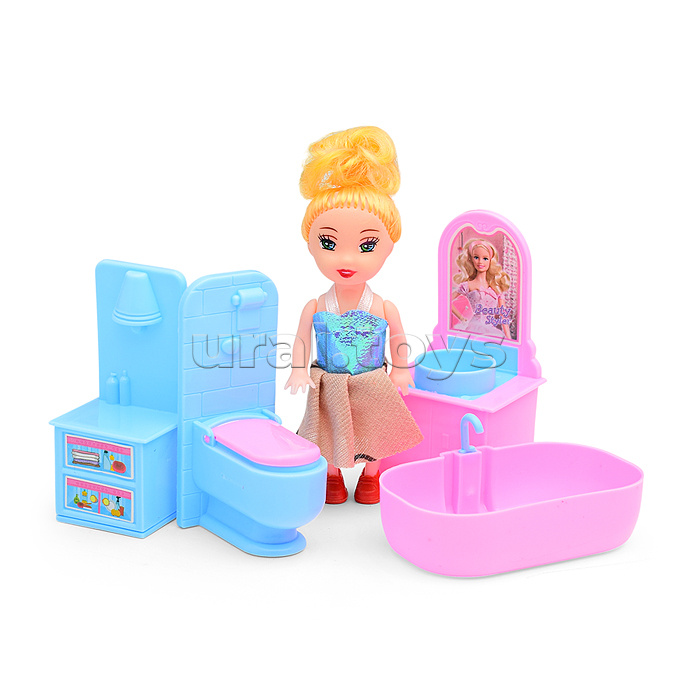 Кукла с набором мебели для ванной комнаты, в пакете
