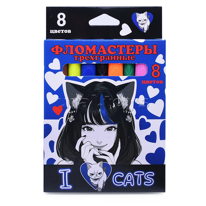 Фломастеры 8 цв. "Аниме. I love cats" треугольные, в картонной упаковке с европодвесом