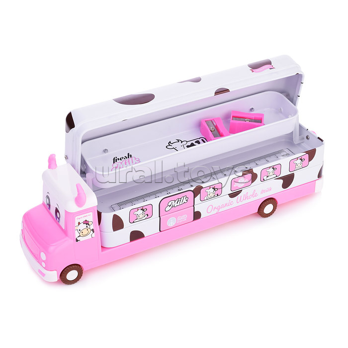 Пенал металлический 2 отделения автобус таблица умнож, линейка 15 см, 5 ч/г карандашей, 2 точилки 50 х 190 мм, "Milk bus", розовый