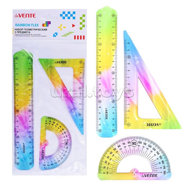 Набор геометрический "Rainbow Flex" малый, 3 предмета (линейка 20 см, угольник 30°/60°/90°, транспортир) полупрозрачный радужный, в пластиковом блистере Набор геометрический "Rainbow Flex" малый, 3 предмета (линейка 20 см, угольник 30°/60°/90°, транспортир) полупрозрачный радужный, в пластиковом блистере