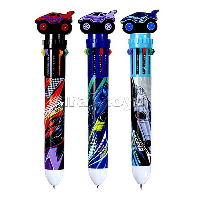 Ручка шариковая автоматическая "RACING" 10 цв. (фиолетовый, черный, синий, красный, оранжевый, зеленый, жёлтый, голубой, розовый, коричневый), пулевидный пиш.узел 0.7мм, корпус пластиковый цветной, сменный стержень 68 мм, картонный дисплей