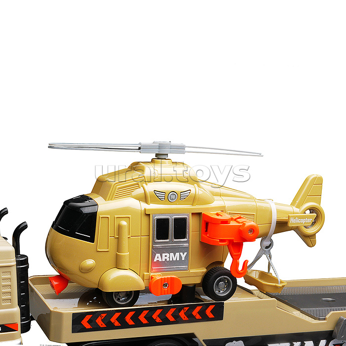 Машина "Военный длиномер" с вертолетом и динозавром, 1:16 (свет, звук) в коробке
