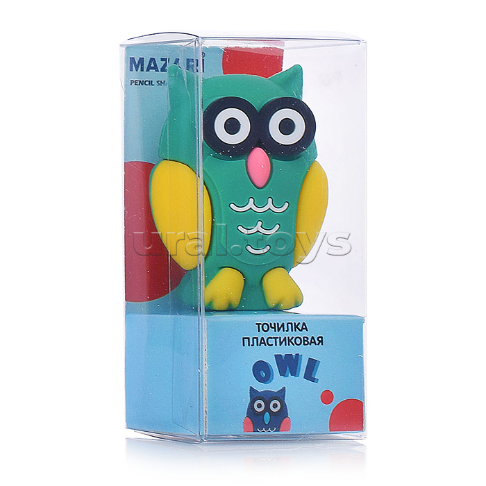Точилка пластиковая OWL, 1 отверстие для заточки, ассорти 2 цвета, ПВХ-упаковка