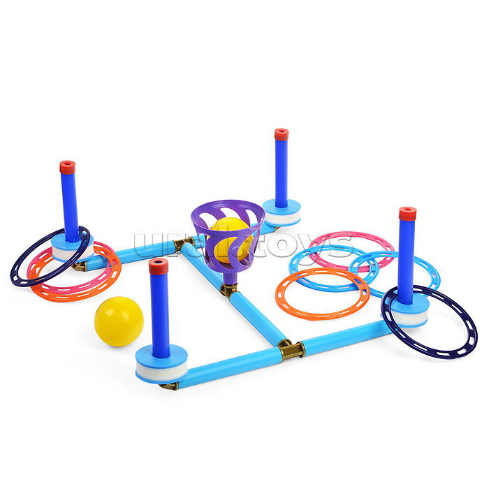 Плавающий кольцеброс - шароброс 3в1 (дом/улица/вода). 4 стойки + 8 колец, 1корзинка + 2 мяча, клин - 5 шт, поплавок - 4шт.