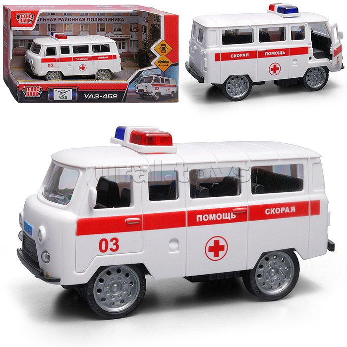 Машина пластик UAZ 452 "Скорая" 12см. (двери, белая) инерц., в коробке