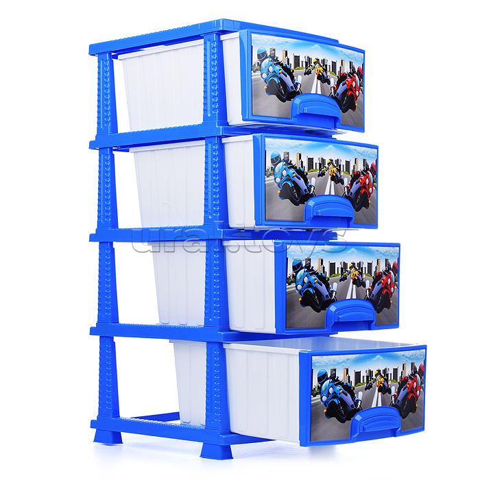 Комод "Декор" "Мотокросс" 4 секции темно-голубой/белый