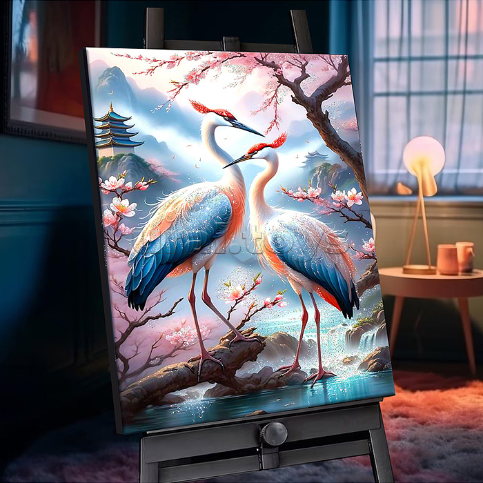 Картина по номерам 40х50 "Японские журавли" с кристаллами из хрусталя  (28 цветов)