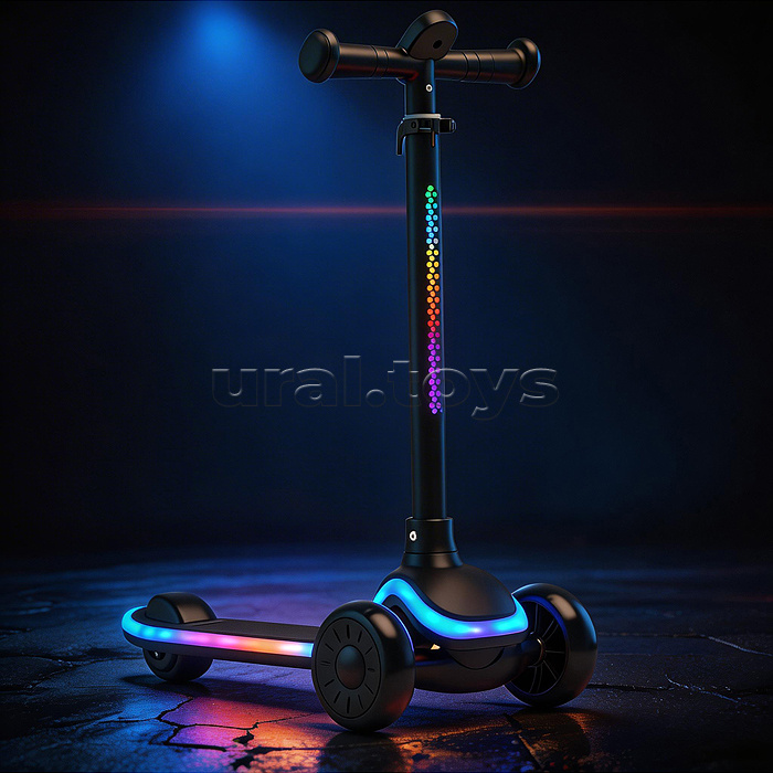 Самокат 3-х колесный ROCKET,колеса PU со светом, цвет чёрный