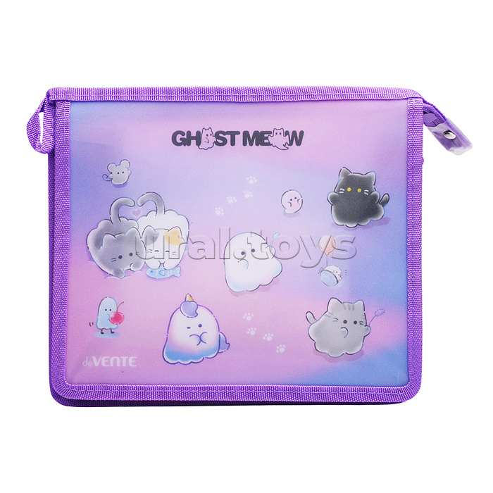 Папка для тетрадей "Ghost Meow" A5 (243x200x80 мм) с текстильным расширением 80 мм, на молнии сверху, 400 мкм, матовая полупрозрачная с рисунком, с искрящейся фактурой, индивидуальная упаковка