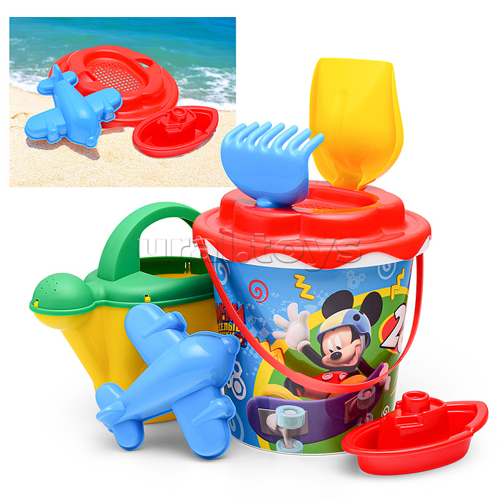Набор Disney «Микки и Весёлые гонки» №12: ведро с наклейкой, ситечко "Солнышко", лопатка №5, грабельки №5, формочка (самолёт), кораблик "Юнга", лейка №10