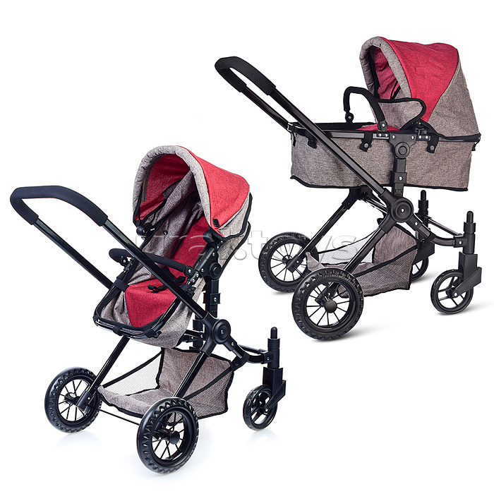 Коляска-трансформер для кукол, металлическая, с корзиной, цвет красно-серый в пакете