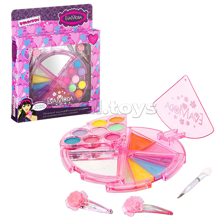 Набор детской декор. косметики Eva Moda, BOX 21,5х18х3см, 2 заколки , косметичка-долька с зеркальцем, 4х-уровневая, раздвижная: тени для век 8 оттенков (2г), блеск для губ 6 оттенков (4,8г), 1 аппликатор-кисточка