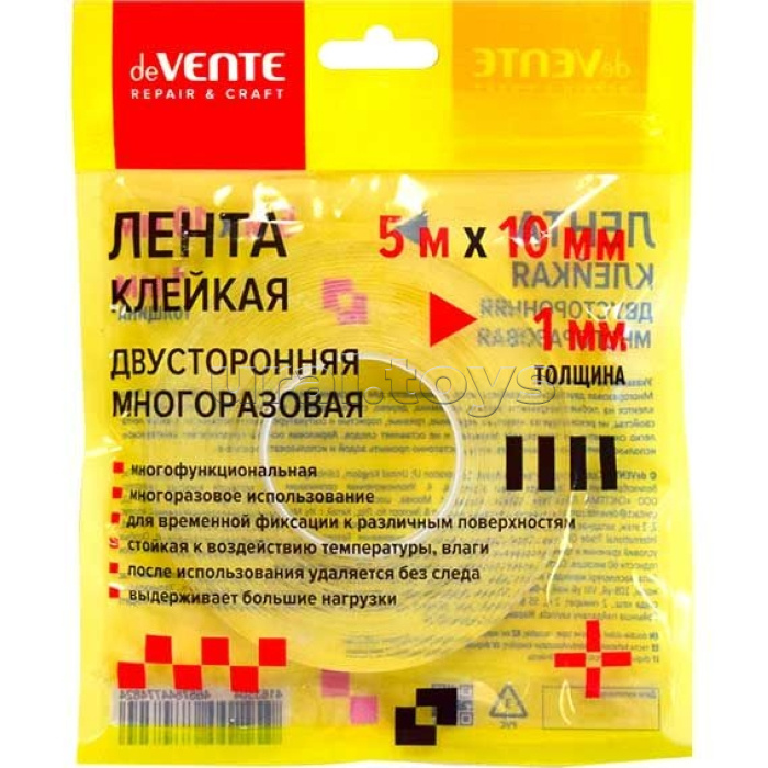 Клейкая лента двусторонняя "Repair & Craft" многоразовая, прозрачная, 5m х 10 мм, толщиной 1 мм, в зип пакете с европодвесом