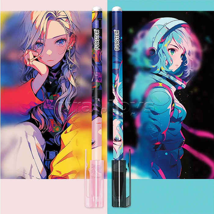 Ручка стираемая гелевая с принтом "Funster" "Anime", синяя, корпус ассорти, игольчатый наконечник 0,5 мм, линия 0,35 мм