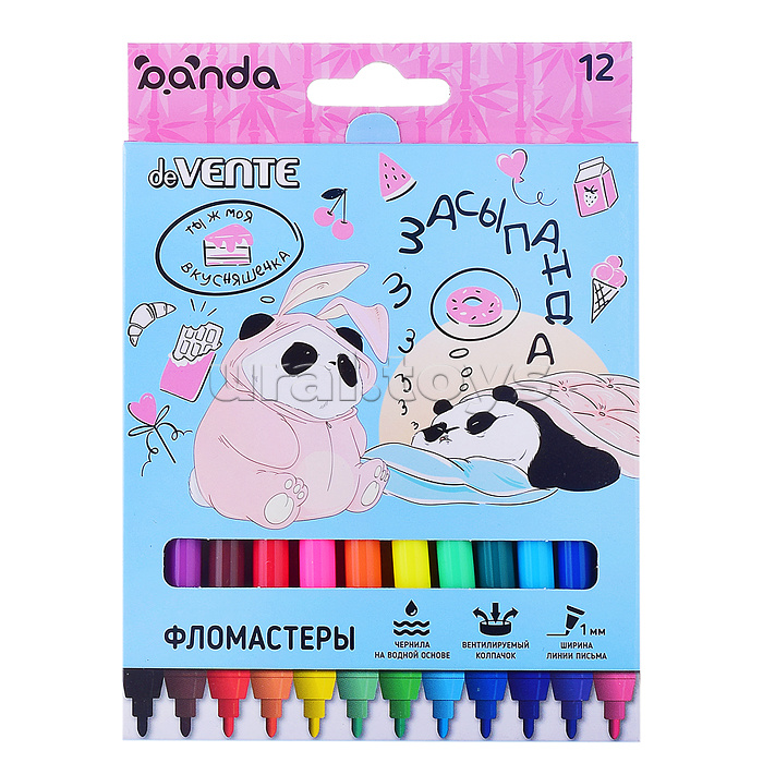 Фломастеры "Panda" 12 цв. с вентилируемым колпачком, в картонной коробке с подвесом