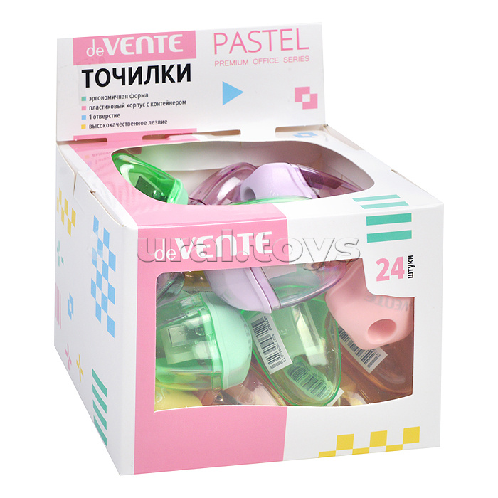 Точилка для карандашей "Pastel" 1 отверстие, пластмассовая с контейнером, каждая с индивидуальной маркировкой, в картонном дисплее, ассорти