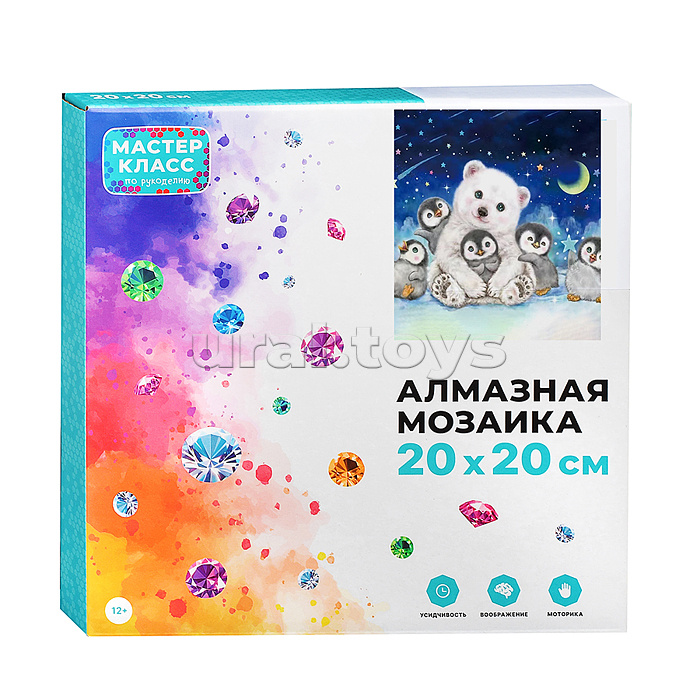 Мозаика алмазная "Мишка на Севере с пингвинами" (светится в темноте) 20*20см.