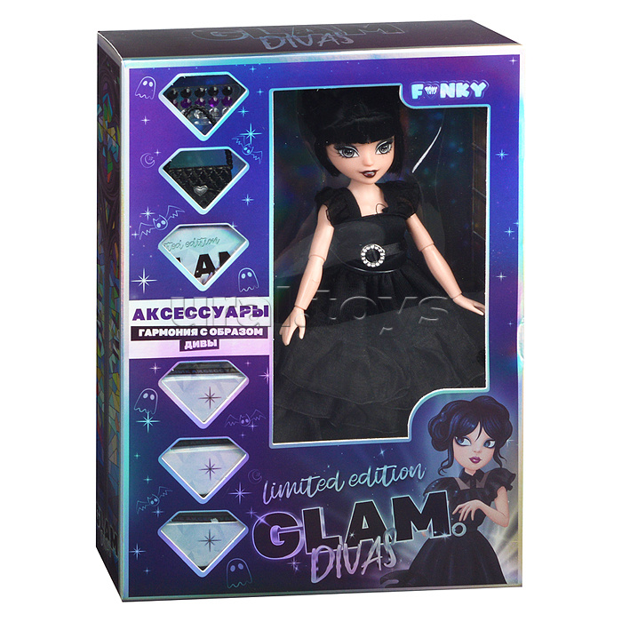 Модная кукла Glam Divas Вэнди с аксессуарами, черное платье 25 см.