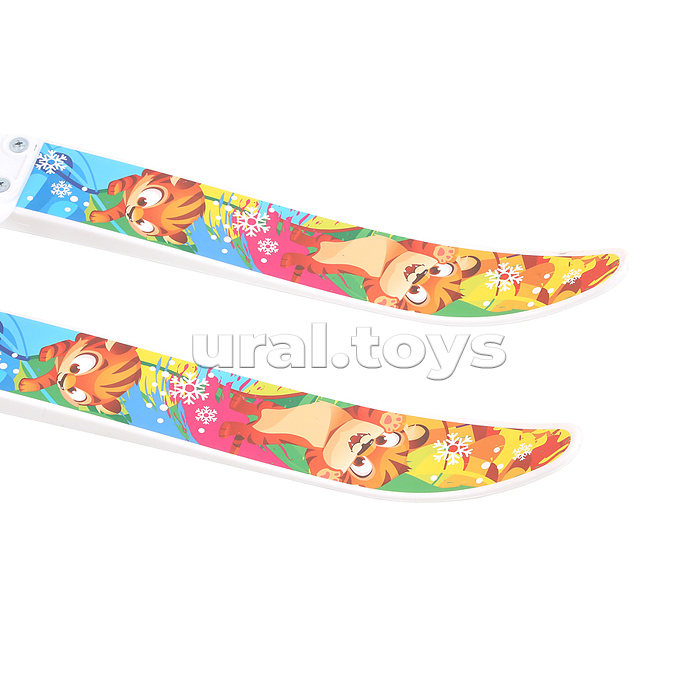 Игровые лыжи "Лыжики-пыжики" Тигренок (игрушка детская) 75/75 см, крепление мягкое пластиковое, с палками стеклопластик (сетка)