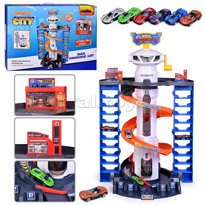 Парковка "Мега-паркинг" 6 металлических машин в наборе, (свет, звук) в коробке