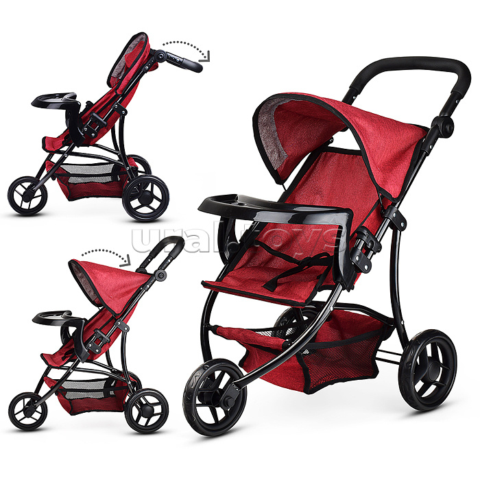 Коляска для кукол 3-колесная, металлическая, прогулочная, с тентом, с корзиной,цвет бордовый, в пакете