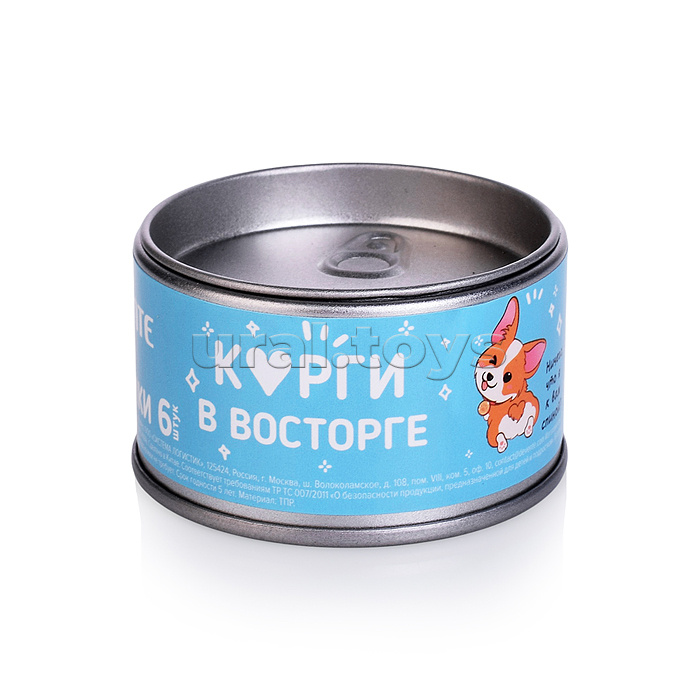Набор ластиков "Happy Friends" 6 шт (2 щенка и 4 кусочка мяса) размер ластика в форме щенка 42x22x7 мм, размер ластика в форме кусочка мяса 40x21x5 мм, в жестяной баночке со штрих кодом