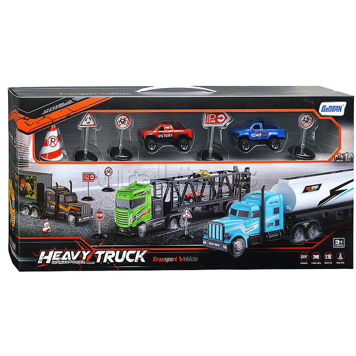 Набор машин "Контейнеровоз "Динозавры" с машинками и дорожными знаками, в коробке