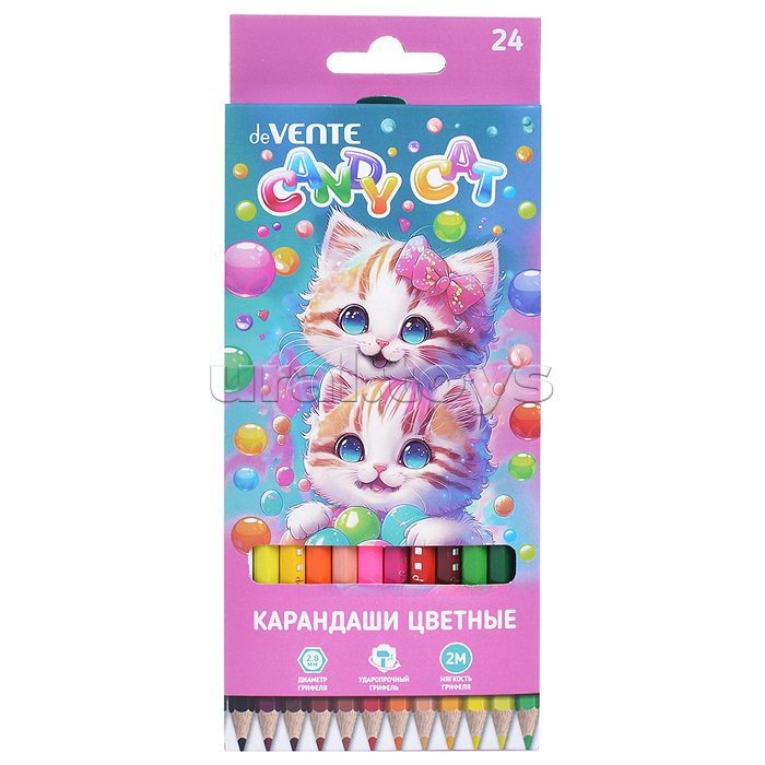 Карандаши цветные "Candy Cat" 24 цвета, 2М, диаметр грифеля 2,8 мм, шестигранные, в картонной коробке