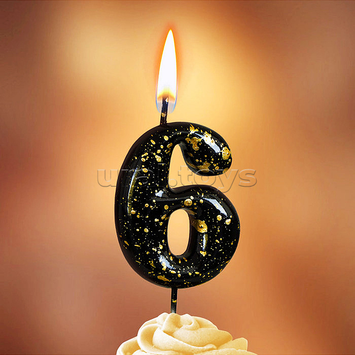 Свеча Цифра, 6 Золотые брызги, на шпажке, Черный, Металлик, 4,3 + 5,2 см, 1 шт. с держат.
