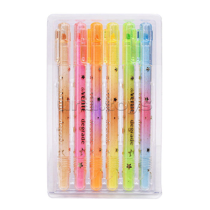 Набор маркеров-выделителей "Degrade" (06 цв. - оранж., желт., зел., гол., роз., капуч.) цвета с мерцающими блестками, круглый корпус, скошенный наконечник, ширина линии 1-4 мм, с клипом, в пластиковой коробке