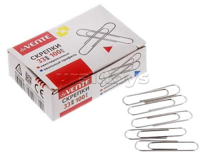 Скрепки металлические овальные никелированные 33 мм, 100 шт в картонной коробке
