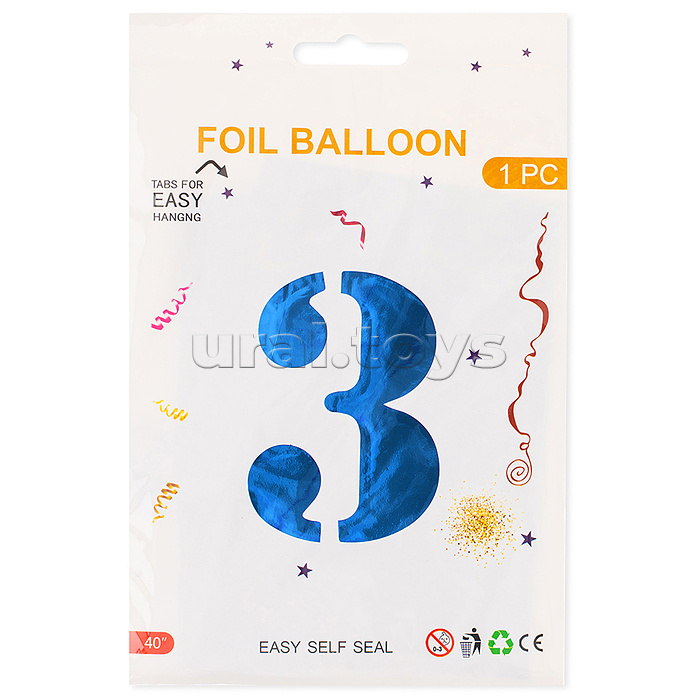 Шар (40''/102 см) Цифра, 3, Синий, Металлик, 1 шт. в уп.