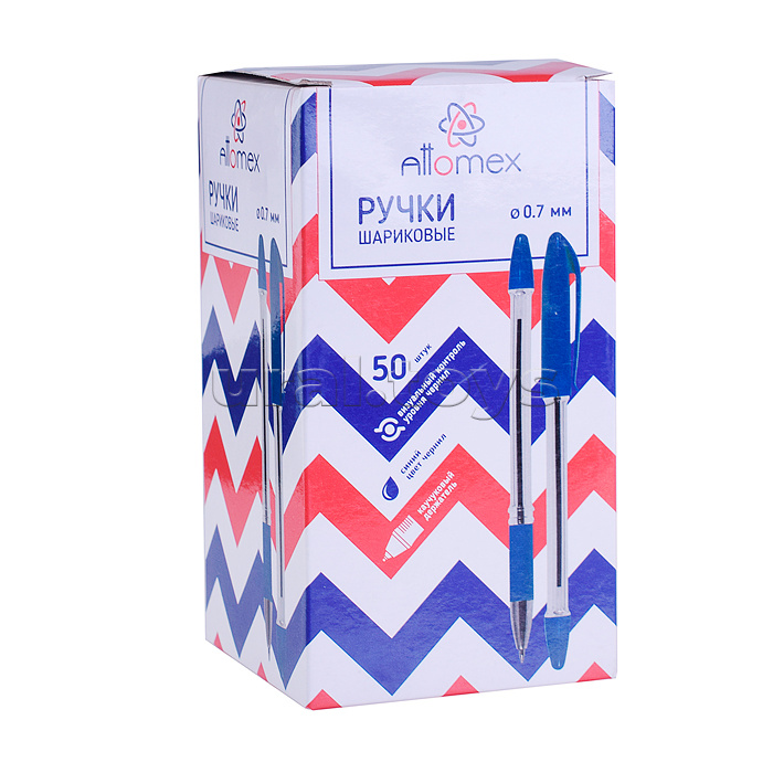 Ручка шариковая "Attomex" d=0,7 мм, прозрачный корпус с каучуковым держателем, сменный стержень, индивидуальная маркировка, синяя
