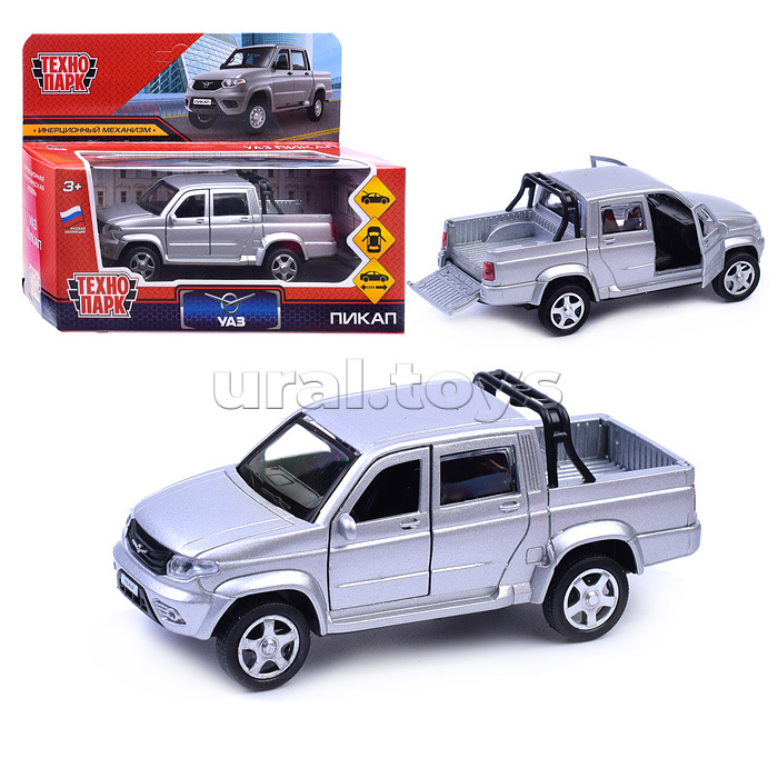 Машина металл. "УАЗ пикап" 12 см, двери, багаж, инерц, серебристый