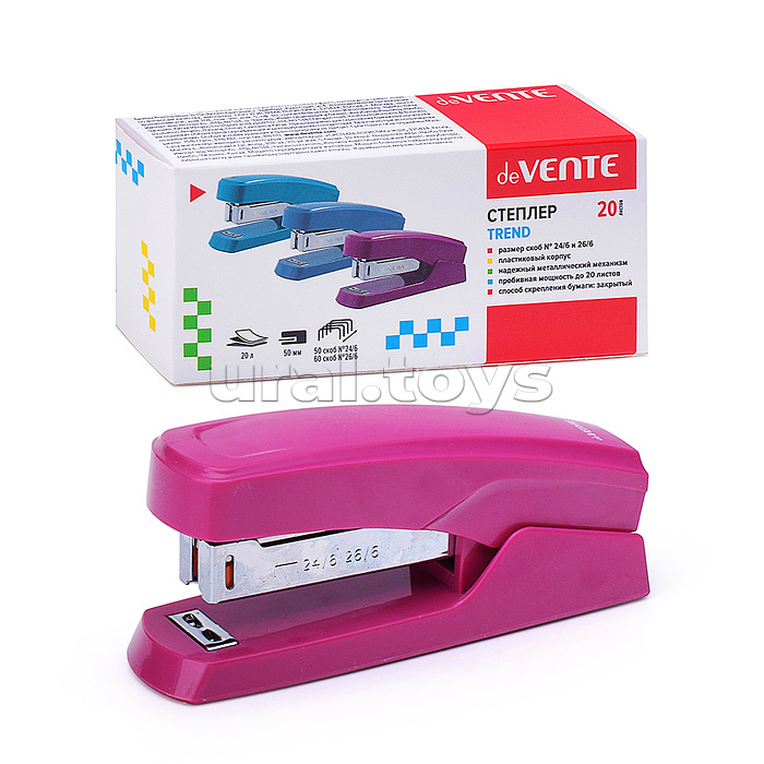 
Степлер "Trend" 24/6&26/6 (мощность 20 листов, глубина скрепления 50 мм) пластиковый, в картонной коробке, брусничный