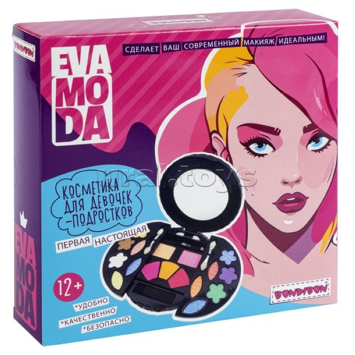 Набор детской декор. косметики Eva Moda, BOX 17х17х4 см; тени для век-12шт.(6,48г), румяна-5шт.(5,36г), косметический карандаш-1шт.(0,5г), аппликатор-4шт., зеркало-1шт. Набор детской декор. косметики Eva Moda, BOX 17х17х4 см; тени для век-12шт.(6,48г), румяна-5шт.(5,36г), косметический карандаш-1шт.(0,5г), аппликатор-4шт., зеркало-1шт.