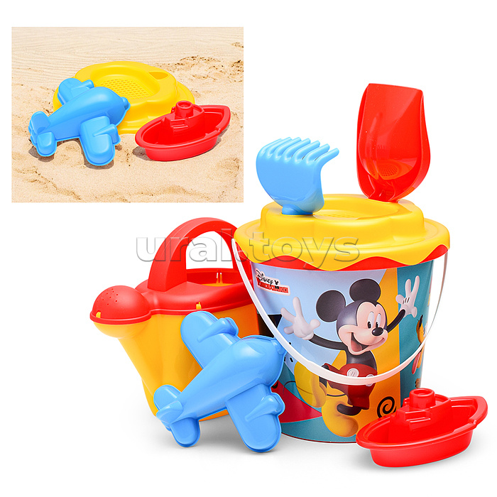 Набор Disney «Микки и Весёлые гонки» №12: ведро с наклейкой, ситечко "Солнышко", лопатка №5, грабельки №5, формочка (самолёт), кораблик "Юнга", лейка №10