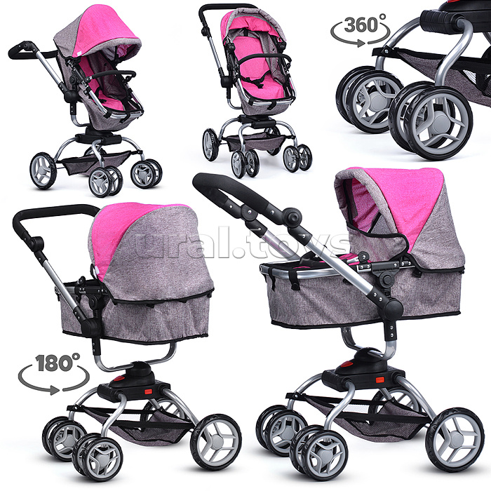 Коляска - трансформер для кукол, металлическая, регулируемая ручка, с корзиной, цвет серо-розовый