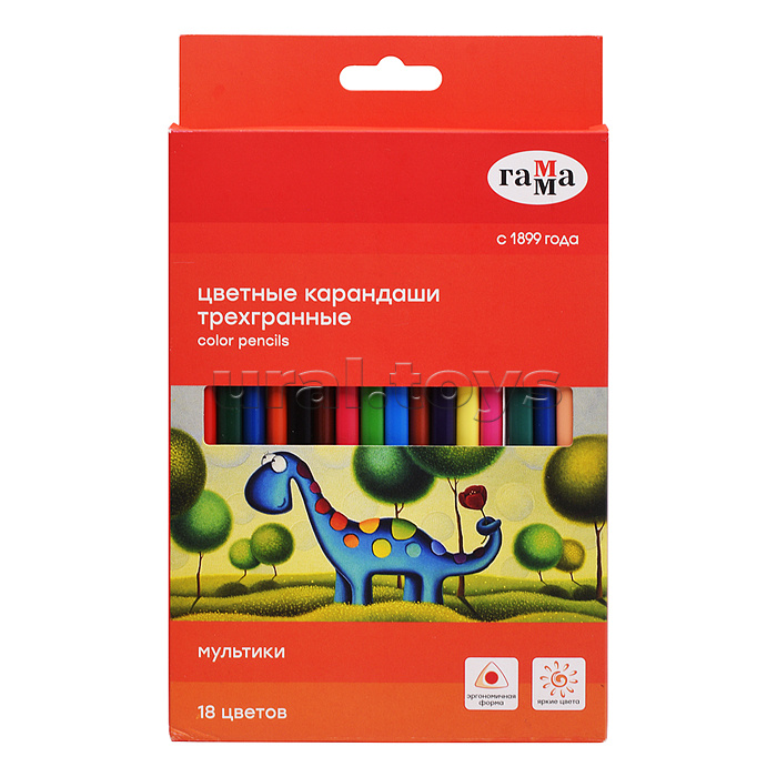 Карандаши цветные "Гамма" 18цв., трехгранные, заточенные, картон. упак., европодвес