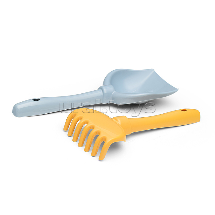 Набор №695: ведро-замок большое №2, ситечко-крепость большое, лопатка №5, грабельки №5, 2 формочки, лейка малая №4 (серо-голубой)