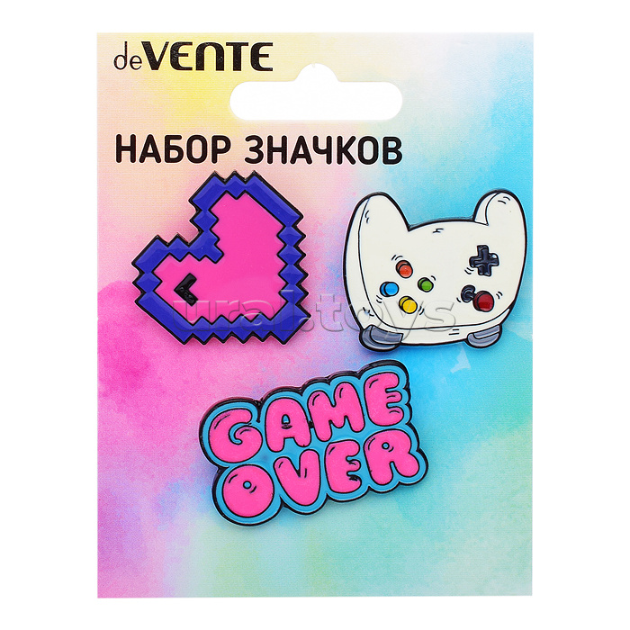 Набор значков "Game over" эмалированные, размер изделий: Game over 3,6x2,2 см, сердце 2,9x2,8 см, джойстик 3x2,6 см, на карточке 7,0x9,5 см с пластиковым пакетом