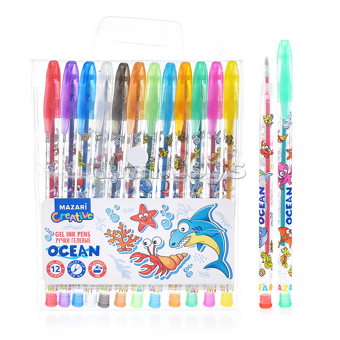 Набор ручек гелевых с блёстками OCEAN, с ароматизированными чернилами, 12 цв., пулевидный пиш.узел 0.9мм, корпус пластиковый цветной