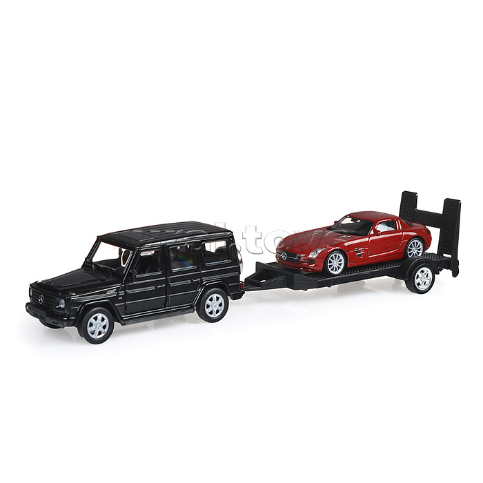 Набор 1:38, Mercedes-Benz G-Class, Mercedes-Benz SLS AMG, с прицепом, 2 шт. Набор 1:38, Mercedes-Benz G-Class, Mercedes-Benz SLS AMG, с прицепом, 2 шт.