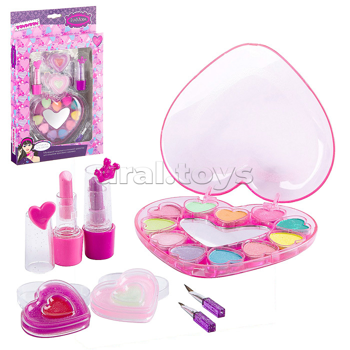 Набор детской декор.косметики Eva Moda, BOX 29*18*3 см; помада 2 оттенка (2,4г), 2 кисточки, 2 сердца-футляра с блеском для губ 4 оттенка (3,2г); косметичка-сердце с тенями для век 11 оттенков (7,7г) с зеркальцем;