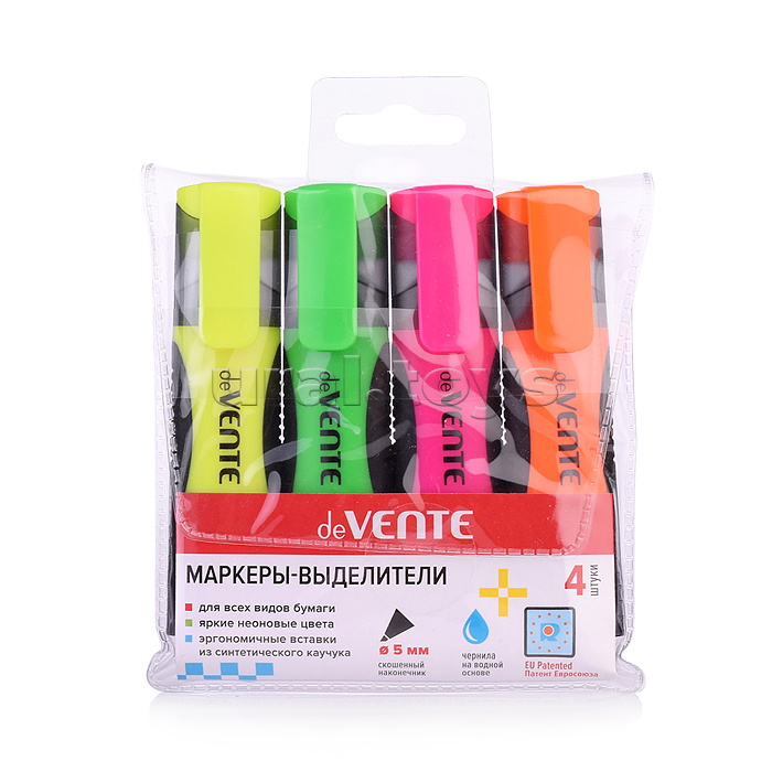 Набор маркеров-выделителей (04 цв - желт, зел, оран, роз) плоский корпус с каучуковыми вставками, с клипом, скошенный наконечник, ширина линии 1-5 мм