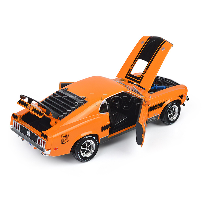 Машинка die-cast 1970 Ford Mustang Mach 1, 1:18,  оранжевая с принтом, открывающиеся двери