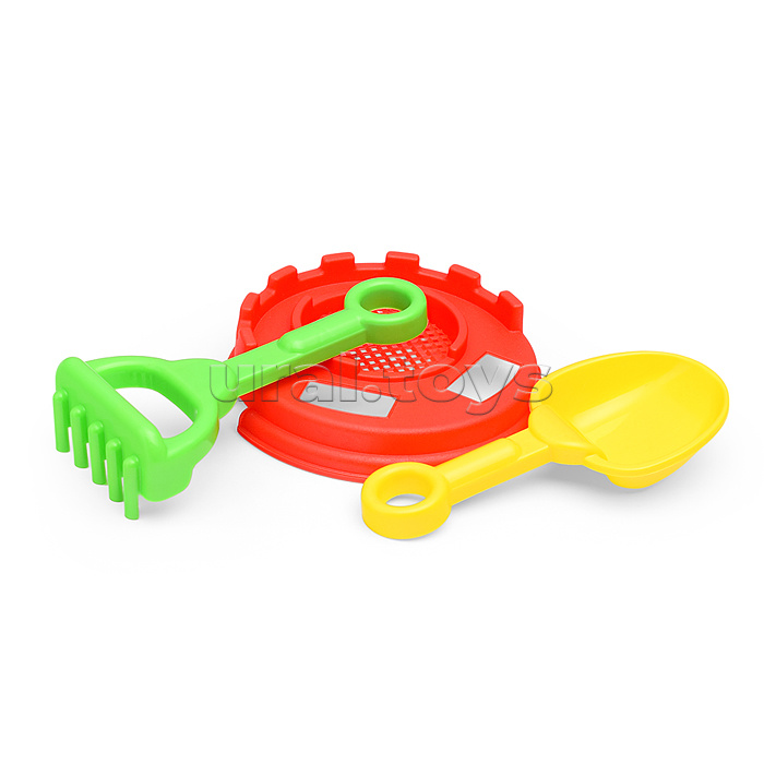 Набор песочный №14 (сито+лопатка+грабли+4 формочки транспорт)