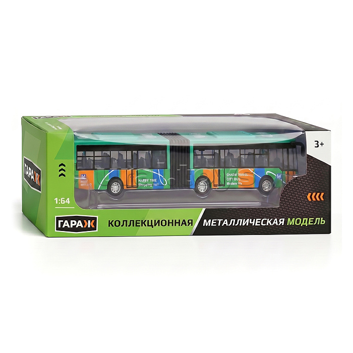 Автобус металлический городской с гармошкой, инерционный, масштаб 1:64 (зеленый)